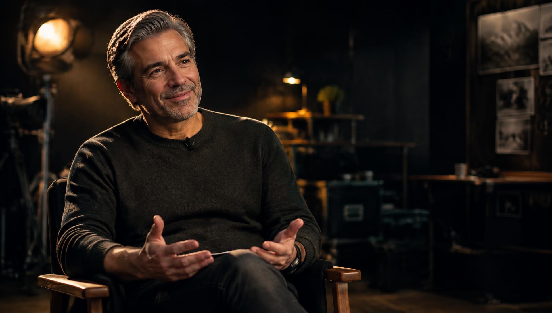 A man in his fifties sharing his life story in a filming studio